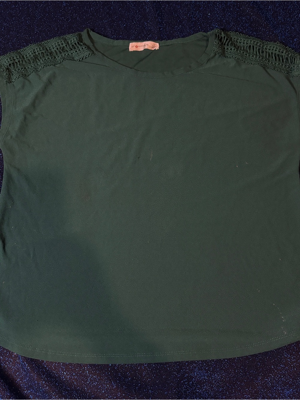 Dark Green Crochet Shoulder Short Sleeve Top